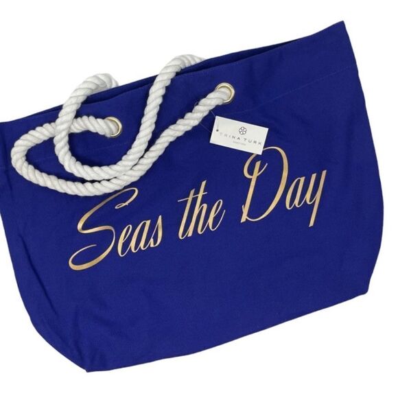 Trina Turk Large Canvas Tote Carryall Beach Bag "Seas the Day" Cobalt Blue NWT - Picture 1 of 12